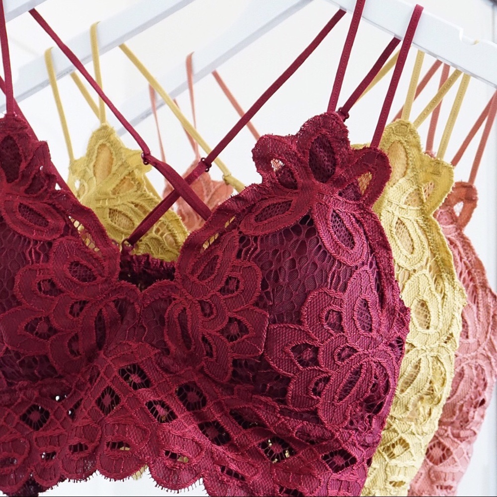 Double Strap Scalloped Lace Bralette Red Burgundy - Picture 2 of 7